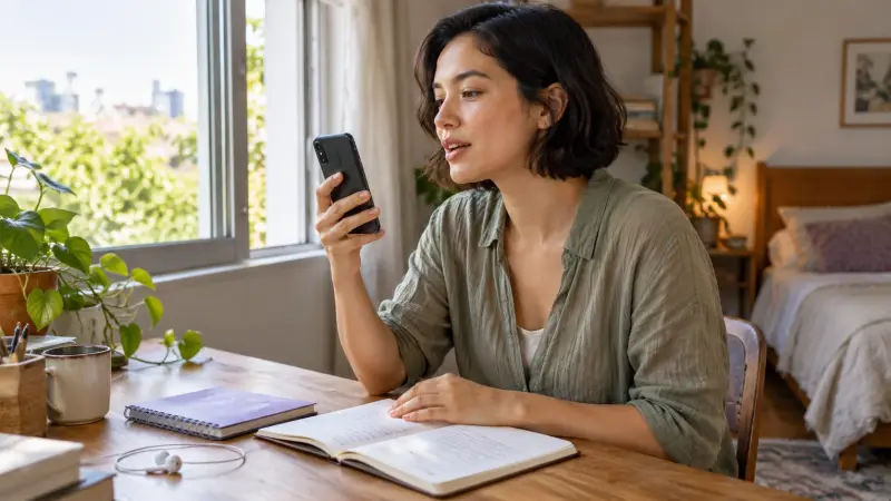 A learner practices a short Thai voice message during a study session