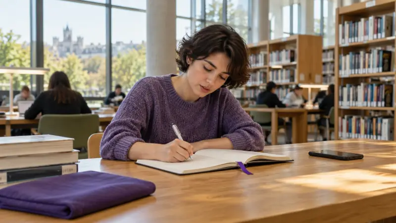Learner reviewing French notes independently in a library