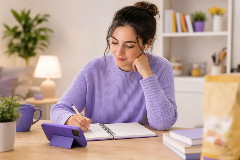 An Italian learner reviewing notes with an earbud and a phone at home