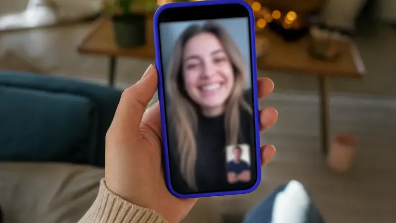 Learner speaking English on a phone video call