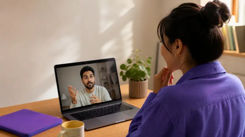 English learner using backchannels while listening during an online video conversation
