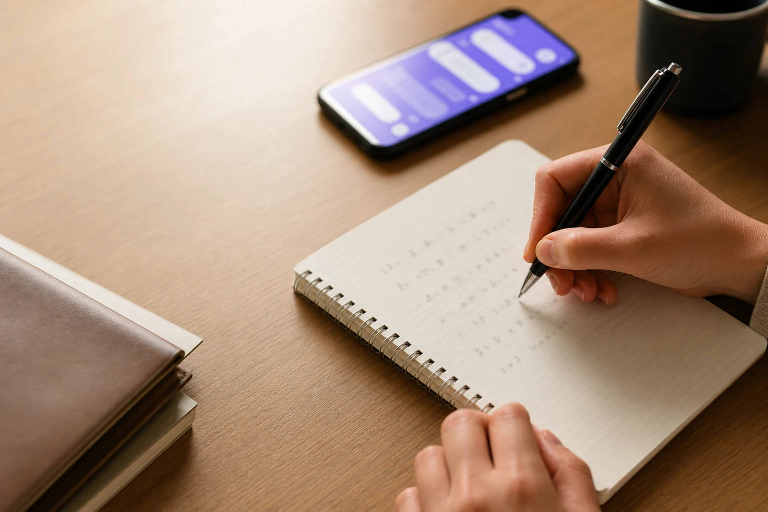 Learner writing notes beside a language app