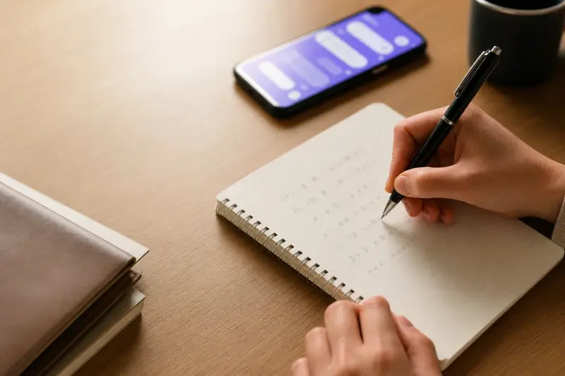 Learner writing notes beside a language app