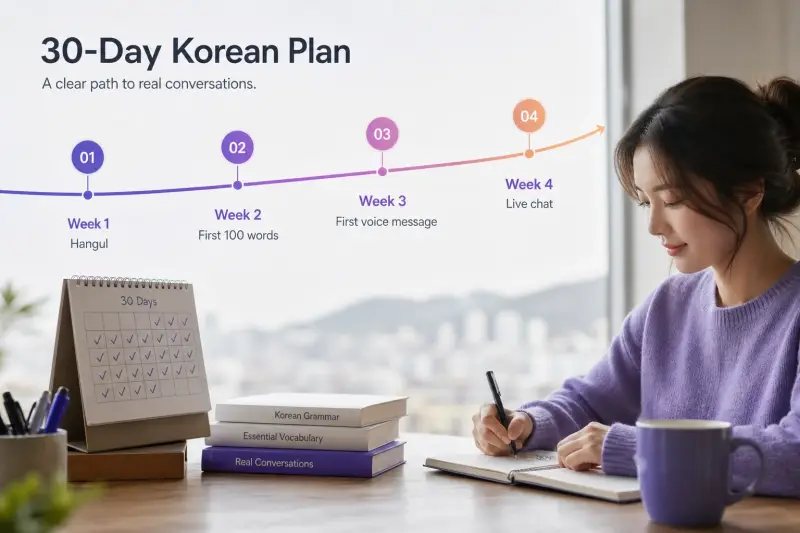 Learner writing a thirty-day Korean speaking plan