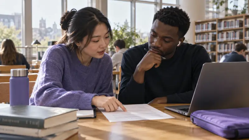 Two learners compare what they heard with a written English transcript.