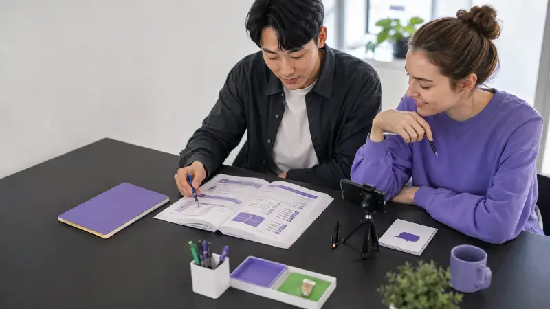 Two learners pairing Korean structure with output practice