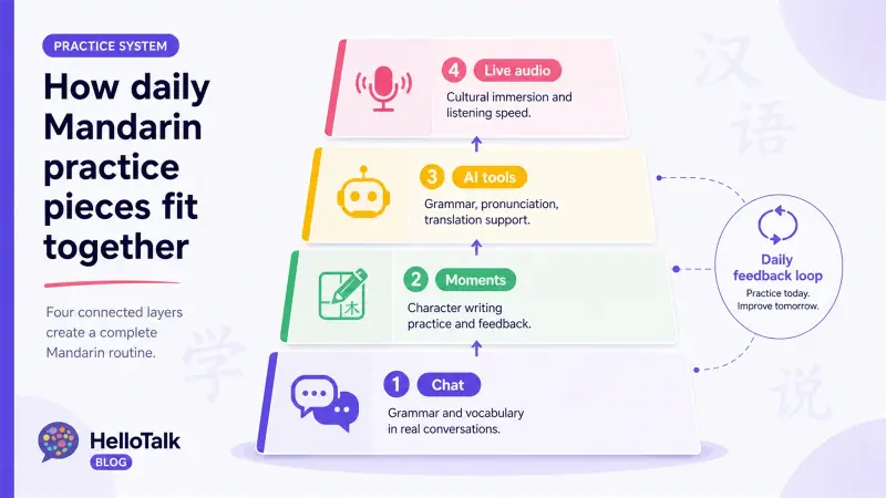 Mandarin daily practice infographic showing chat, Moments, AI tools, and live audio as connected learning layers