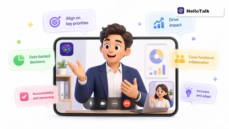 Professional using HelloTalk to practice meeting English with a native speaker, building real-time fluency for presentations, negotiations, and cross-border client calls