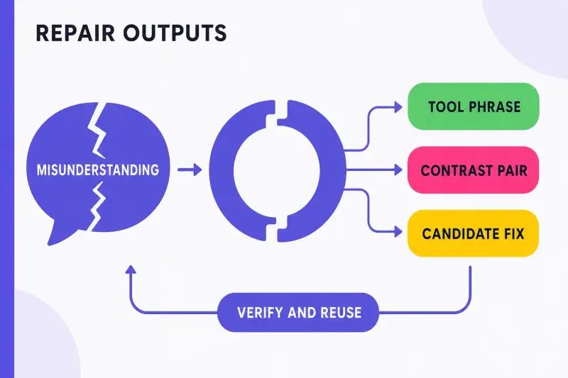 Language learning infographic showing how a repaired misunderstanding can produce a tool phrase, contrast pair, and candidate fix to verify