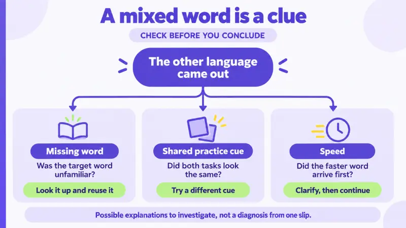Three possible clues behind mixed-language words: missing vocabulary, shared cues, and speed