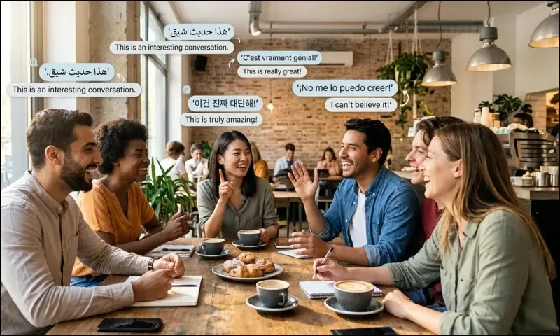 A group of friends speaking together in a café with multilingual conversation examples above them