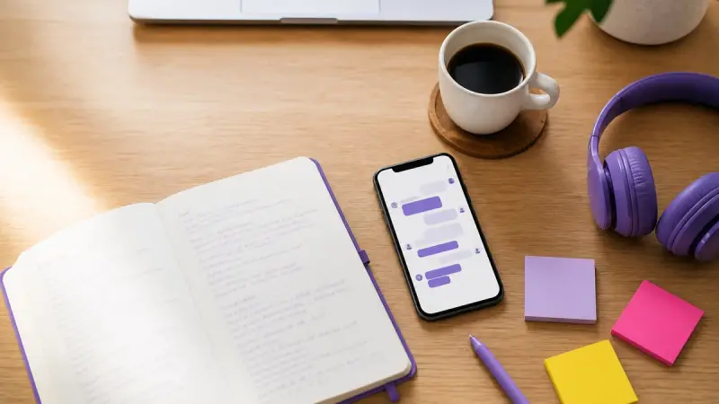 Flat lay of a German study desk with notebook, phone, coffee and headphones