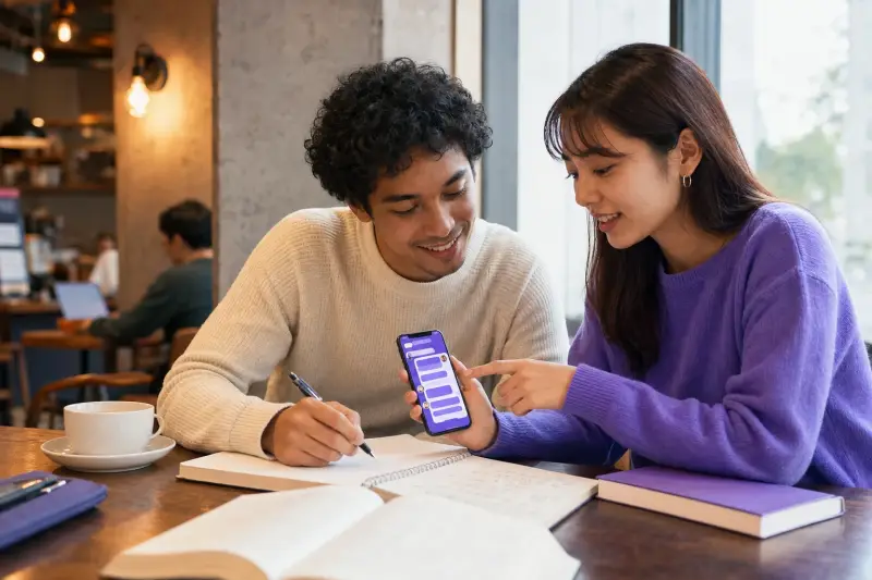 Study partners practicing Japanese with a language app