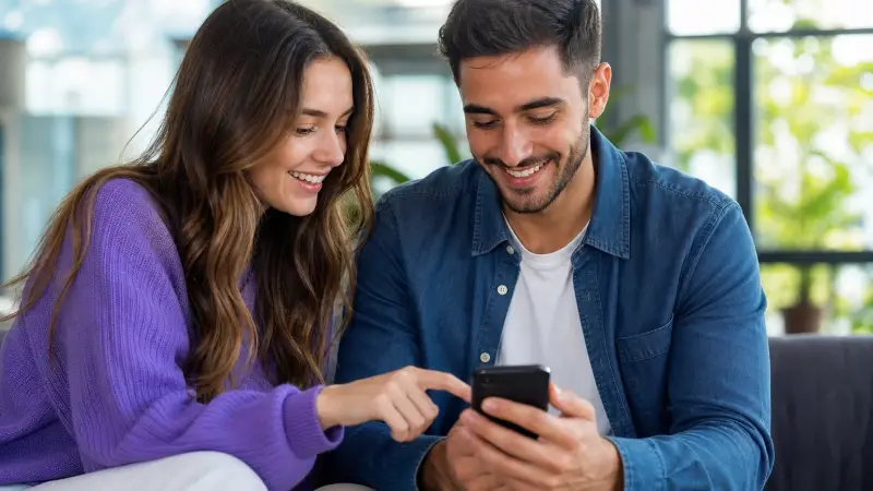 Partners using a phone for Mandarin practice