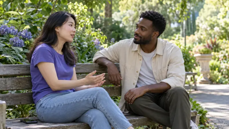 Two learners practice a relaxed conversation on a garden bench, allowing time to find words.