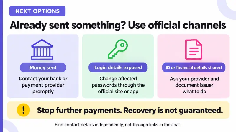Official support options after sending money, login details or identity documents