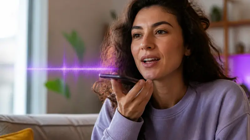 Person recording a spoken Arabic voice message on a phone