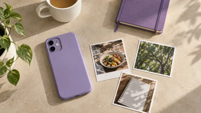 A face-down phone and photos that avoid personal details
