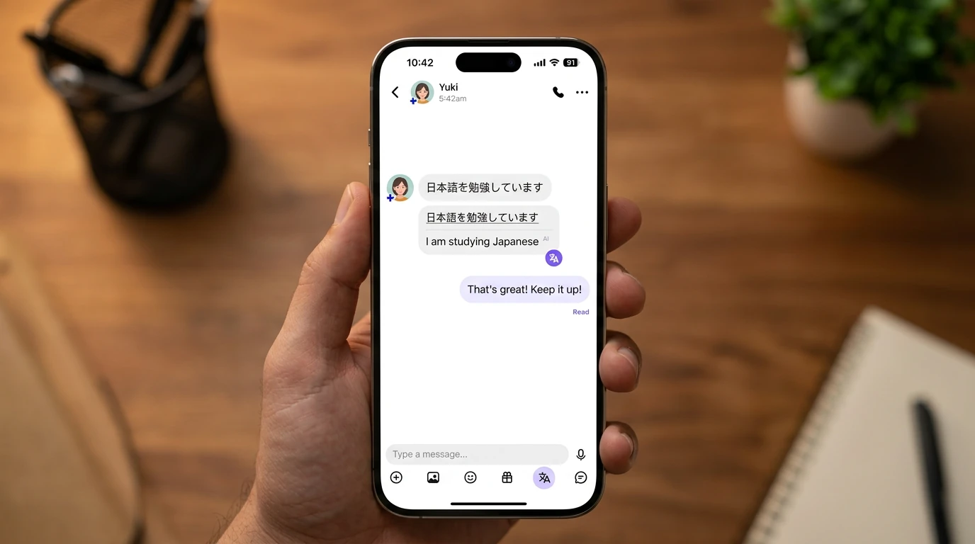 Phone language app beside Japanese study notes