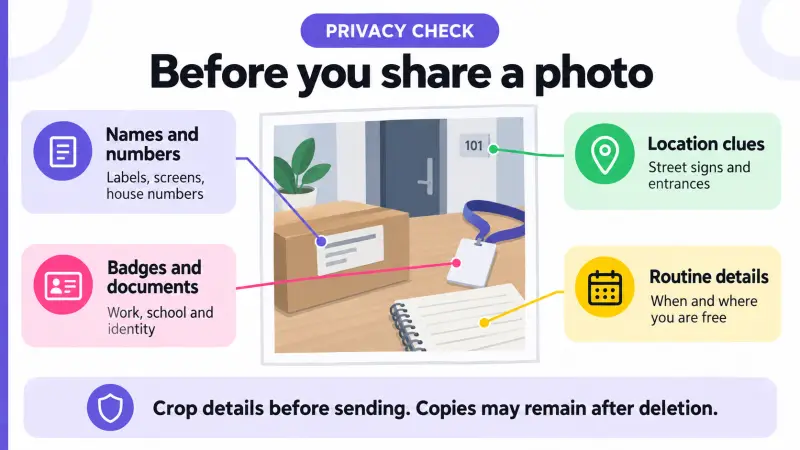 Photo-sharing checklist for names, locations, documents and routine clues