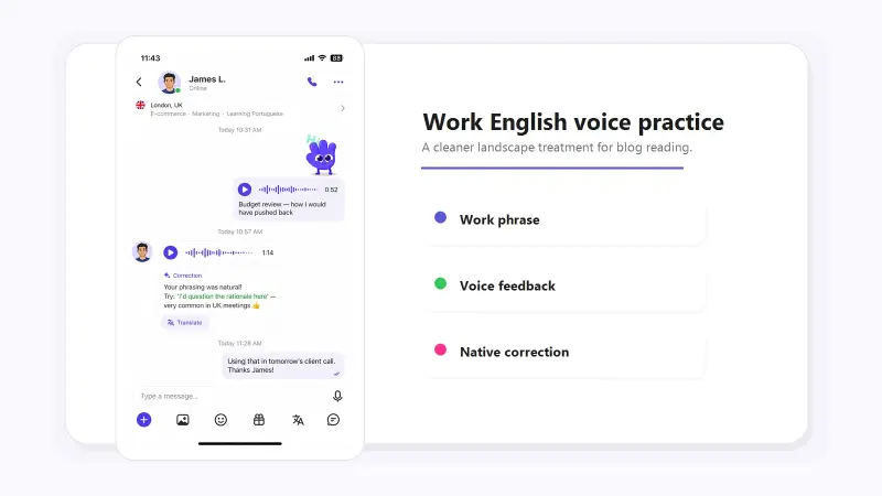 HelloTalk voice message exchange between a non-native professional and a native English-speaking partner, practicing industry-specific workplace phrases and meeting language