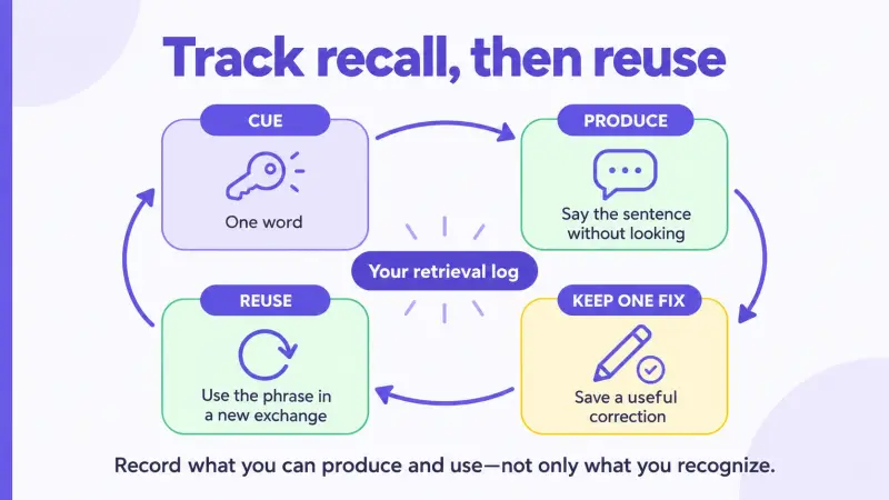 A retrieval log tracks a cue, the sentence produced, one useful correction, and later reuse.