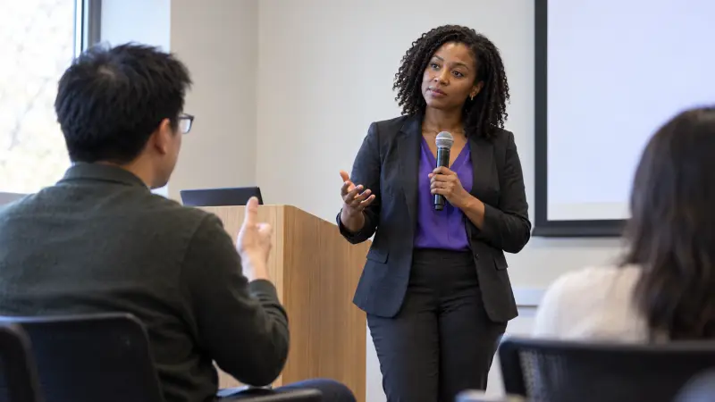 A researcher pauses to clarify a question during a small academic presentation.