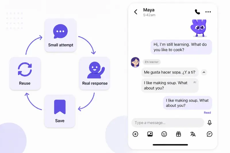 HelloTalk chat showing how a small beginner attempt can receive a response and feed a save-and-reuse learning loop