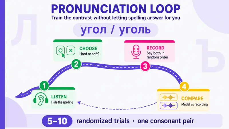 Russian hard and soft consonant practice loop with listen, choose, record, and compare steps