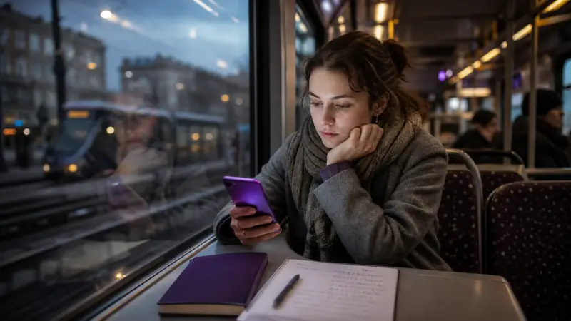 A month-two Russian learner continuing practice during a commute