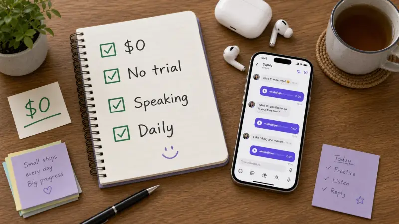 Free English speaking app checklist with zero cost voice practice and no trial trap