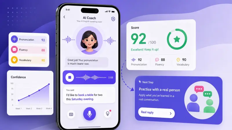 AI English speaking app interface with pronunciation score and real reply next step