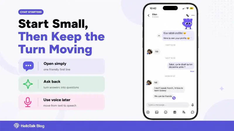 HelloTalk-style chat interface showing English conversation starter tips