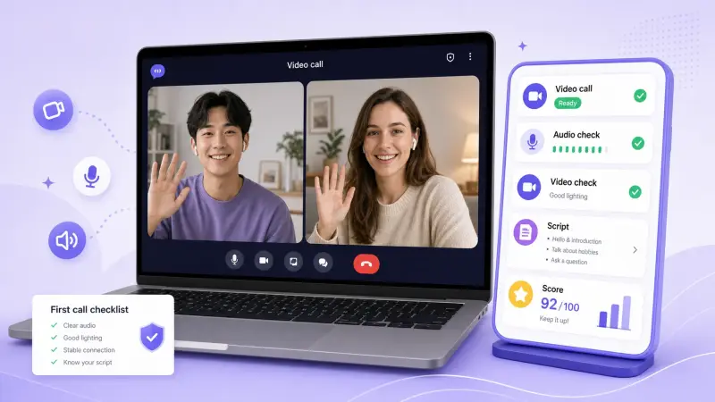 English speaking video call app interface with readiness checklist and practice score