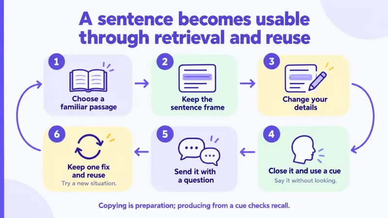 Six steps turn a familiar passage into a personalized sentence retrieved from a cue and reused after feedback.