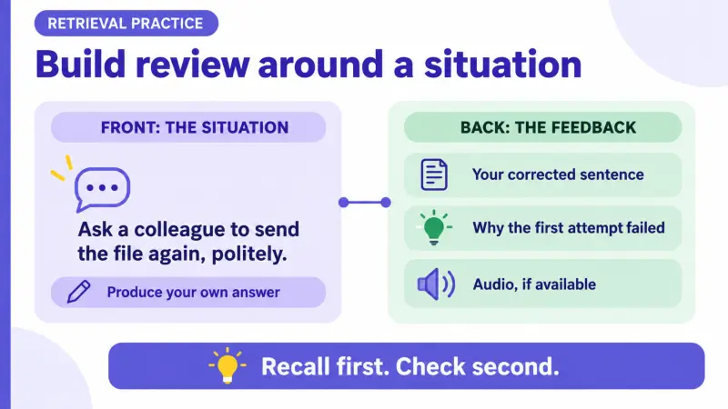 Review card pairing a real situation prompt with the corrected sentence and the reason