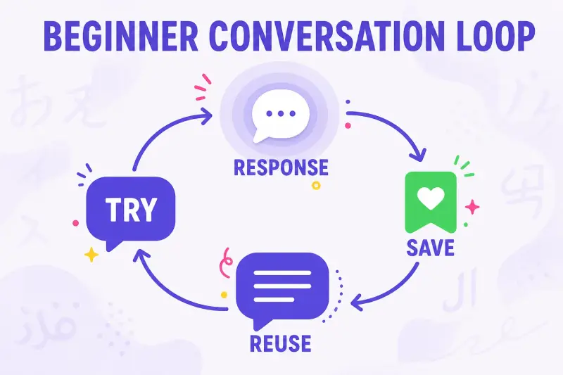 Infographic showing a small beginner conversation becoming reusable learning material through response, saving, and reuse