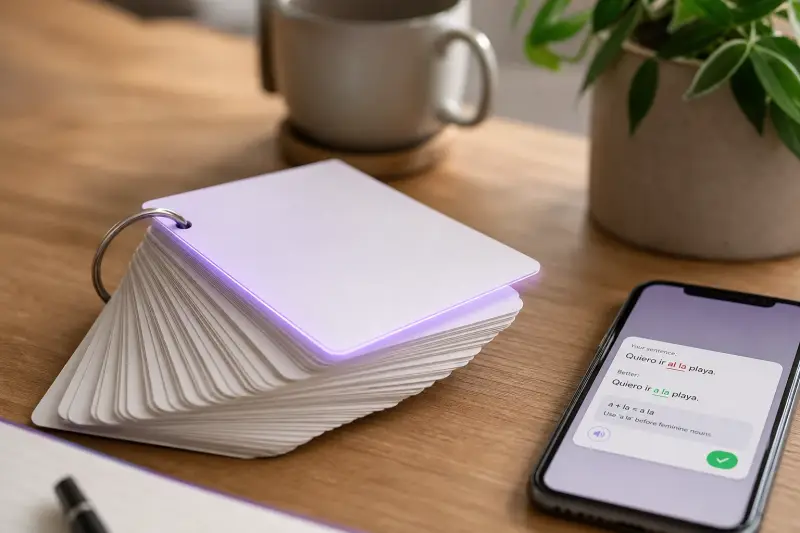 Spaced repetition cards beside a Spanish chat app