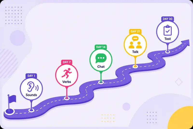 Thirty-day Spanish speaking journey timeline with milestone stages