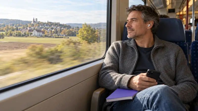 A commuter listens to a short Spanish story through earphones on a train.