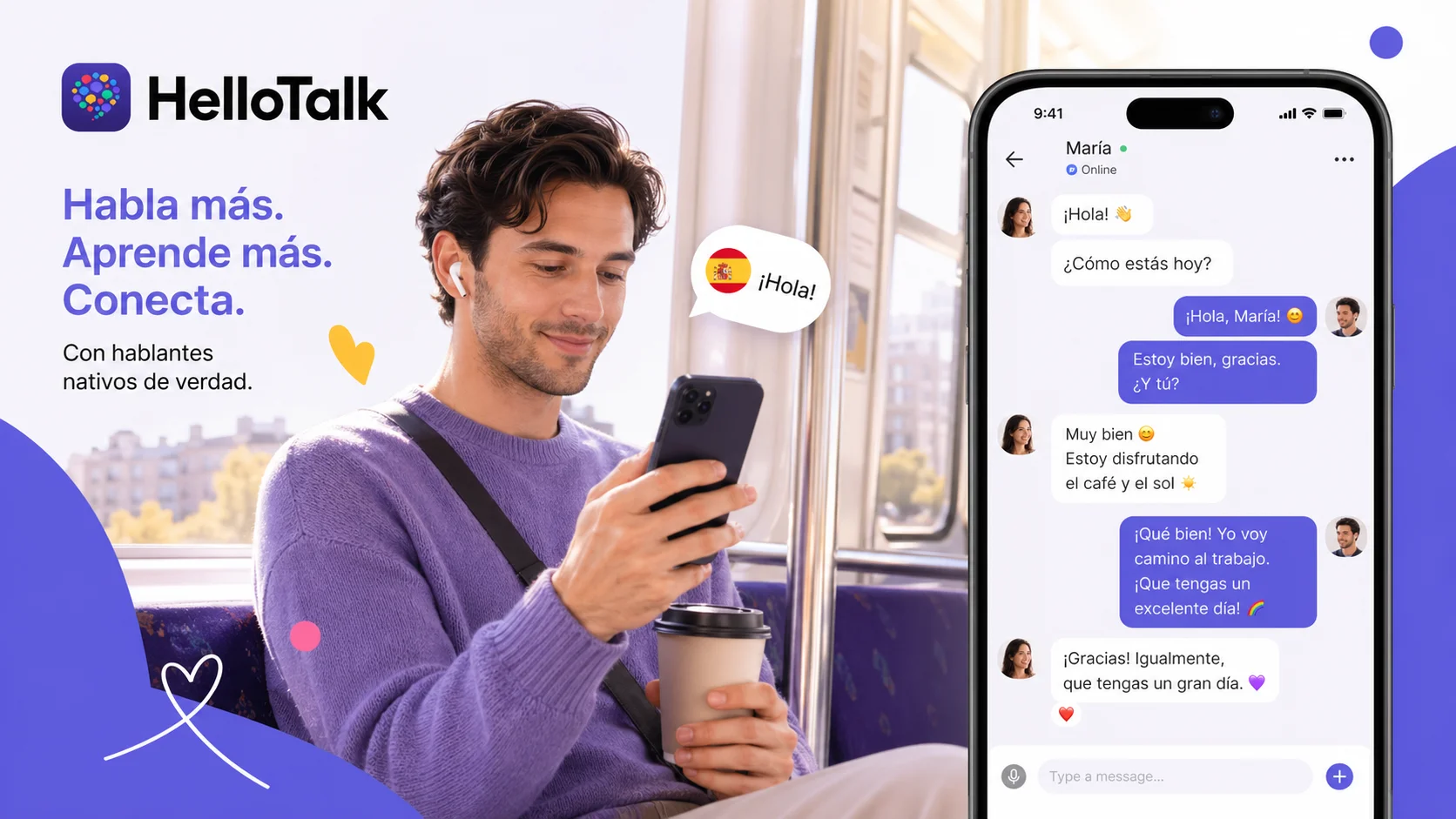Spanish learner chatting with a native Spanish speaker on HelloTalk during their morning commute, fitting 10 minutes of real conversation practice into a daily routine
