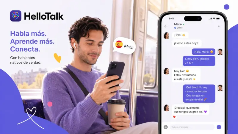 Spanish learner chatting with a native Spanish speaker on HelloTalk during their morning commute, fitting 10 minutes of real conversation practice into a daily routine