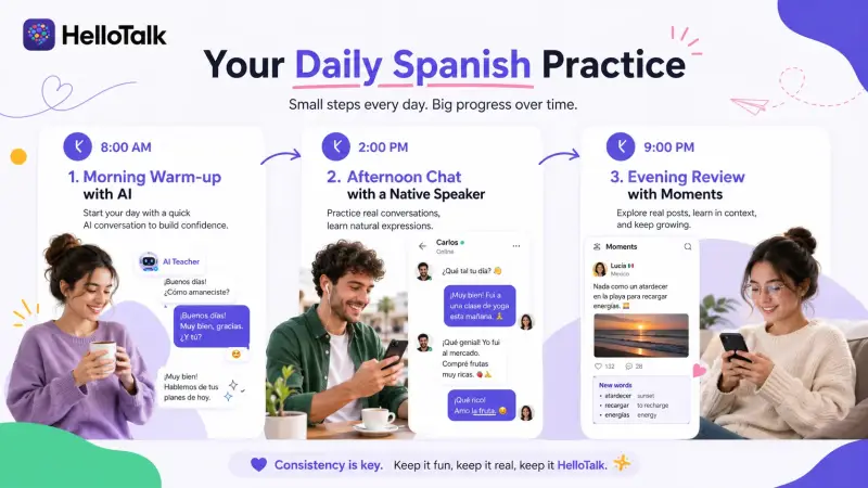 Daily Spanish practice routine schedule showing how to fit 30 minutes of HelloTalk conversation practice into mornings, lunch breaks, and evenings each weekday