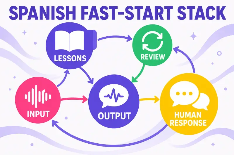 Spanish fast-start resource infographic connecting lessons, review, input, output, and human response in one learning network