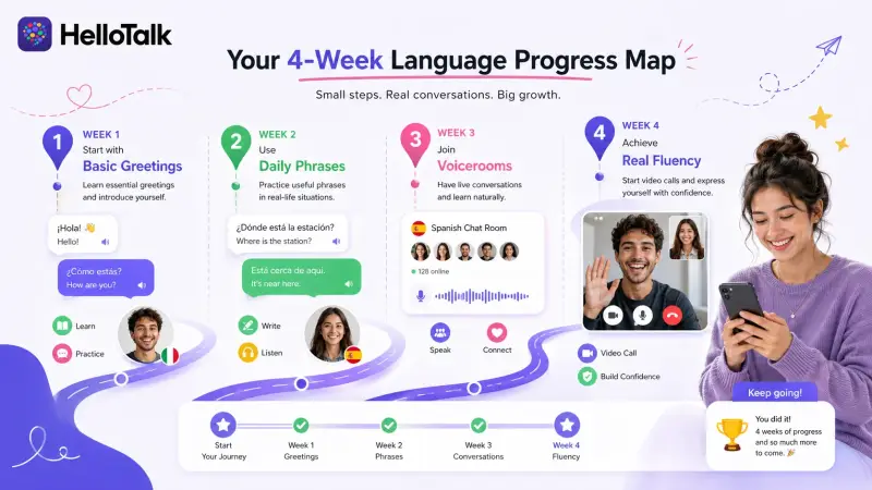 Example four-week practice arrangement moving from survival phrases toward regular real conversations