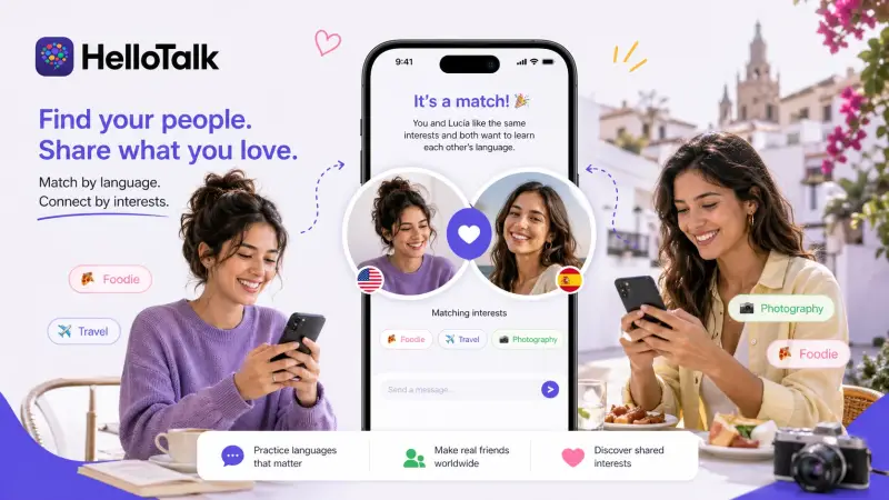 HelloTalk interest tags helping a learner find Spanish-speaking partners with shared topics