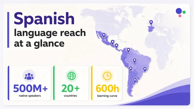 Spanish language statistics infographic showing 500 million native speakers across 20+ countries
