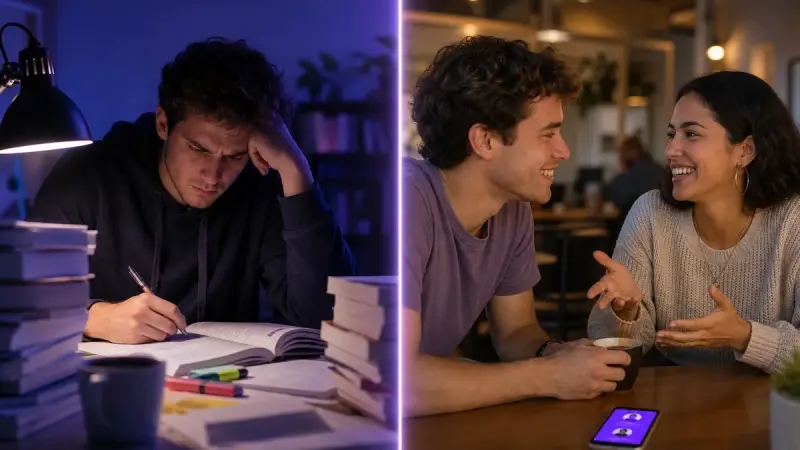 Spanish learner studying alone versus speaking with a partner