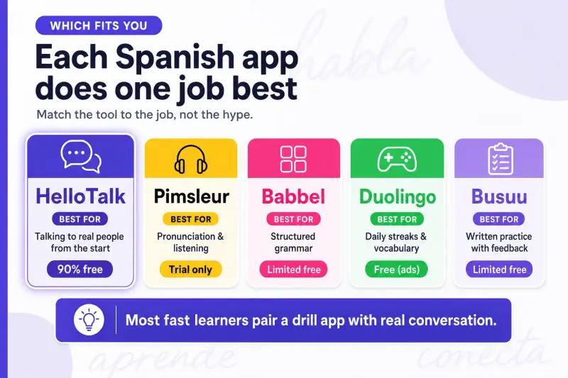 Spanish learning apps compared by their best use