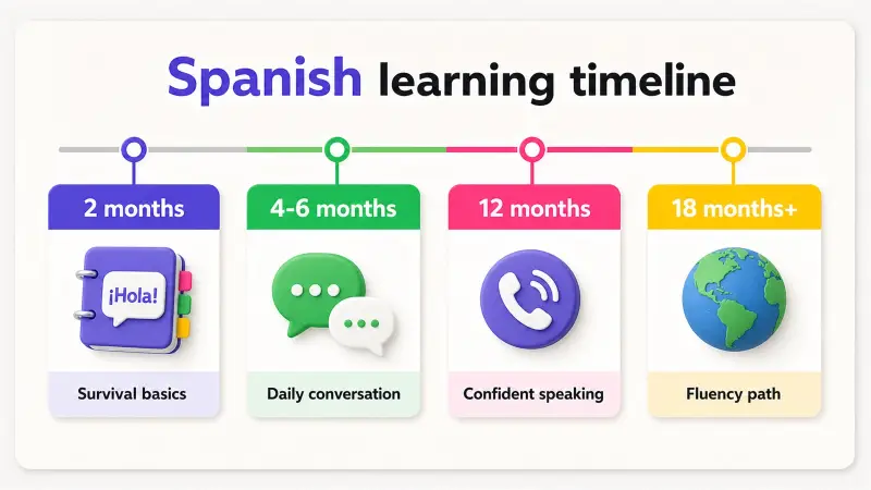 Spanish learning timeline showing milestones from survival basics at 2 months to fluency at 18 months